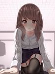  bad_id bad_pixiv_id banned_artist black_legwear blush brown_eyes brown_hair dress_shirt garter_straps highres long_hair looking_at_viewer minagiku office_lady open_mouth original pencil_skirt shirt skirt solo thighhighs zettai_ryouiki 