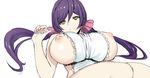  amamiya_(abaros) apron bow breasts candy food hair_bow large_breasts light_smile long_hair love_live! love_live!_school_idol_project low_twintails lying naked_apron nipples on_back purple_hair simple_background solo toujou_nozomi twintails 