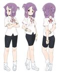  bike_shorts blush himematsu_school_uniform looking_at_viewer multiple_views ponytail purple_eyes purple_hair ribbon saki shisoneri simple_background suehara_kyouko white_background 