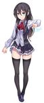  aqua_eyes black_hair black_legwear buttons electricity full_body hair_between_eyes hair_ornament loafers long_hair original ray-akila ray_littlechamber shoes sidelocks simple_background skindentation skirt solo standing thighhighs white_background zettai_ryouiki 