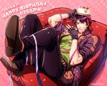  artist_name cake couch dated fingerless_gloves food food_on_head fork fork_in_mouth fruit gloves green_eyes happy_birthday jacket jojo_no_kimyou_na_bouken joseph_joestar_(young) kuren legs_up lying male_focus object_on_head patterned_background purple_hair ribbon shadow solo 