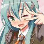  9law ;d blush green_eyes green_hair hair_ornament hairclip kantai_collection long_hair looking_at_viewer one_eye_closed open_mouth smile solo suzuya_(kantai_collection) v v_over_eye 