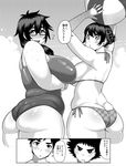  2girls arms_up ass ball beachball bikini breast_hold breasts butt_crack chestnut_mouth cropped_legs dekkano!! freckles from_behind glasses greyscale highres huge_breasts looking_at_viewer looking_back monochrome mucchan multiple_boys multiple_girls plump short_hair side-tie_bikini sideboob skindentation smile suzurikawa_sasha swimsuit synecdoche translation_request 