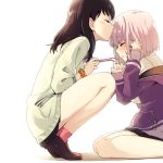  2girls backlighting bangs black_hair black_skirt blush commentary_request crying eyes_closed facing_another forehead_kiss from_side holding holding_eyewear jacket kiss long_hair long_sleeves multiple_girls niina_ryou orange_scrunchie pink-framed_eyewear pink_hair pink_legwear profile purple_jacket scrunchie shinjou_akane shoes short_hair sitting skirt sleeves_past_wrists socks squatting ssss.gridman sweater takarada_rikka tears white_sweater wrist_scrunchie yuri 