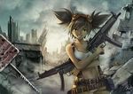  2015 borrowed_character breasts brown_hair city cleavage cloud cloudy_sky cowboy_shot crossed_arms dual_wielding goggles goggles_on_head green_eyes grin gun h&amp;k_mp5 heckler_&amp;_koch holding maxa' medium_breasts midriff navel original outdoors ruins signature sky smile solo submachine_gun suspenders twintails weapon 