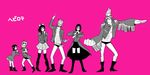  1boy 1girl abs arm_up belt boots breasts collarbone dancing franky full_body grin hand_up high_heels jacket long_hair long_sleeves looking_at_viewer looking_back miniskirt muscle nico_robin one_piece open_clothes open_jacket outstretched_arm pink_background pointing pointing_at_viewer short_hair skirt smile socks spiked_hair standing swim_briefs teenage thighhighs younger zettai_ryouiki 