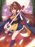  a_(show_by_rock!!) animal_ears bamboo bamboo_forest blue_legwear brown_eyes brown_hair eruthika forest fox_ears fox_tail full_moon highres instrument japanese_clothes kitsune kneehighs long_hair looking_at_viewer moon music nature open_mouth petals playing_instrument ponytail shamisen show_by_rock!! solo tail very_long_hair 