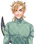  bandage_on_face blonde_hair diego_brando fangs green_shirt jojo_no_kimyou_na_bouken ksoyaji male_focus scary_monsters_(stand) shirt solo stand_(jojo) steel_ball_run sweater tail 