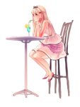  bare_shoulders blonde_hair chair chin_rest crazy_straw dress drinking drinking_straw food fruit full_body hair_ornament hair_ribbon hairclip head_on_hand high_heels highres kantai_collection lemon lemon_slice long_hair no_socks red_eyes remodel_(kantai_collection) ribbon sitting solo sundress table tropical_drink waiting white_background yuudachi_(kantai_collection) zik_(zelco) 