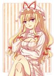  artist_name bad_id bad_pixiv_id blonde_hair breasts crossed_legs hair_ribbon hat hat_ribbon knees large_breasts lilith_(lilithchan) meme_attire mob_cap open-chest_sweater purple_eyes red_ribbon ribbon sidelocks sitting solo striped striped_background sweater touhou tress_ribbon vertical-striped_background vertical_stripes yakumo_yukari 