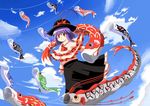  1girl blue_sky frilled_skirt frills hat kibisake kodomo_no_hi koinobori nagae_iku purple_hair red_eyes shirt short_hair skirt sky smile touhou 