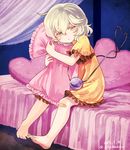  alternate_costume bad_id bad_twitter_id bandaid bandaid_on_knee barefoot chaba_(hortensia) curtains dated eyeball frilled_pillow frills full_body green_eyes green_hair heart heart_of_string heart_pillow komeiji_koishi nightgown no_hat no_headwear on_bed pillow pillow_hug short_hair sitting solo string third_eye touhou twitter_username 