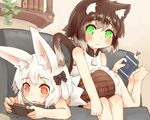  :3 animal_ears barefoot blush book bookmark bookshelf bow brown_hair cat_ears cat_tail couch crr_w9kd dress green_eyes hair_bow hair_ribbon handheld_game_console lying lying_on_person multiple_girls on_couch on_stomach orange_eyes original parted_lips playing_games playstation_portable ribbon short_hair sitting sleeveless sleeveless_dress smile tail video_game white_hair 