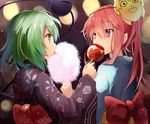  alternate_costume alternate_hairstyle bad_id bad_pixiv_id blush candy_apple cotton_candy eating efe expressionless floral_print food green_eyes green_hair hata_no_kokoro japanese_clothes kimono komeiji_koishi long_hair long_sleeves mask multiple_girls new_mask_of_hope obi pink_eyes pink_hair ponytail revision sash short_hair third_eye tongue tongue_out touhou yukata 