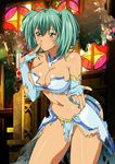  1girl bare_shoulders blush breasts cleavage female green_eyes green_hair ikkitousen large_breasts navel official_art ryofu_housen solo standing twintails 