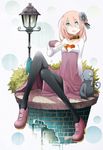  absurdres black_legwear blue_eyes blush cat collar dress flower full_body hair_flower hair_ornament heart-shaped_hole high_heels highres hole_on_body lamppost original pantyhose pink_hair solo takagi_(tansuke) tansuke 