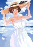  :d armpits bangs bare_shoulders blue_sky blunt_bangs blush bob_cut breasts brown_eyes brown_hair character_request cleavage cloud day dress hands_on_headwear hat island looking_at_viewer medium_breasts nanahime open_mouth outdoors reflection short_hair sky sleeveless sleeveless_dress smile solo standing sun_hat sundress water white_dress 