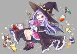  bat_wings bottle bow cat grey_background hat long_hair mauve mushroom open_mouth pio_(potion_maker) pointy_ears potion_maker purple_eyes purple_hair solo test_tube wings witch_hat 
