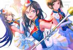  band_uniform black_hair blue_eyes euphonium glasses gloves hat hibike!_euphonium infukun instrument kousaka_reina long_hair looking_at_viewer marching_band_baton mole mole_under_eye multiple_girls nakaseko_kaori open_mouth oumae_kumiko over-rim_eyewear purple_eyes red-framed_eyewear red_eyes semi-rimless_eyewear shako_cap short_hair smile tanaka_asuka trumpet uniform white_gloves 