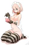  aqua_eyes blush breasts collar full_body gloves handheld_game_console highres maid maid_headdress medium_breasts navel nintendo nintendo_3ds nipples nude original pink_hair solo striped striped_gloves striped_legwear stylus takagi_(tansuke) tansuke thighhighs 