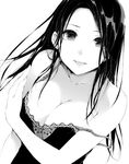  bad_id bad_pixiv_id breasts cleavage greyscale koshika_rina large_breasts long_hair looking_at_viewer monochrome original parted_lips simple_background smile solo strap_slip white_background 