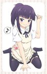  alternate_hairstyle apron arm_support black_legwear eighth_note hidarikata long_hair looking_at_viewer musical_note no_shoes ponytail purple_eyes purple_hair sitting skirt smile solo speech_bubble spoken_musical_note thighhighs tsurime waitress wariza working!! yamada_aoi zettai_ryouiki 