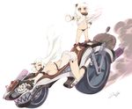  absurdres ahoge black_panties breast_press breasts claws detached_sleeves dress ground_vehicle highres horn horns kantai_collection large_breasts long_hair mittens motor_vehicle motorcycle multiple_girls northern_ocean_hime panties ribbed_dress satou_daiji seaport_hime shinkaisei-kan short_dress underwear white_dress white_hair 