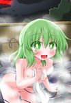  :d blush breasts eyeball green_eyes green_hair komeiji_koishi looking_at_viewer medium_breasts nipples nude oden_(th-inaba) onsen open_mouth short_hair smile solo steam third_eye touhou 