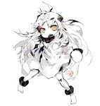  ahoge anklet atoshi bare_legs barefoot dress full_body horns jewelry kantai_collection long_hair mittens northern_ocean_hime open_mouth shinkaisei-kan simple_background solo white_background white_dress white_hair white_skin yellow_eyes 