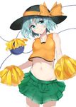  adapted_costume black_hat blue_eyes blue_hair blush cheerleader crop_top emushake eyeball eyebrows_visible_through_hair green_skirt hat highres komeiji_koishi looking_at_viewer midriff navel pom_poms short_hair simple_background skirt smile solo third_eye touhou white_background 