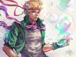  blonde_hair bubble caesar_anthonio_zeppeli closed_mouth facial_mark fan_ju feathers fingerless_gloves gloves green_eyes green_gloves green_jacket hair_feathers headband highres jacket jojo_no_kimyou_na_bouken looking_at_viewer male_focus pink_scarf scarf shirt signature solo white_shirt 