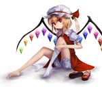  1girl blonde_hair bloomers blouse flandre_scarlet full_body hat juliet_sleeves knees_up long_sleeves looking_at_viewer mary_janes mob_cap necktie puffy_sleeves red_eyes shoes shoes_removed short_hair side_ponytail single_sock sitting skirt skirt_set smile sock_pull socks solo touhou underwear white_background wings 
