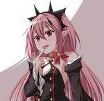  :p breasts cleavage detached_sleeves fang fang_out finger_to_mouth krul_tepes kyuutou_(kyuutouryuu) long_hair open_mouth owari_no_seraph pink_hair pointy_ears red_eyes small_breasts solo tongue tongue_out 