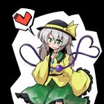  black_background blush bow green_eyes hat hat_bow heart heart_of_string komeiji_koishi long_hair long_sleeves midori_niku sash solo spoken_heart third_eye touhou white_hair wide_sleeves 