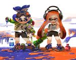  1girl bike_shorts blue_eyes blue_hair bottle clothes_writing domino_mask goggles goggles_on_head headphones ink_tank_(splatoon) inkling long_sleeves mario_(series) mask minato_(minat0) monster_boy orange_eyes orange_hair paint pointy_ears puddle shoes short_over_long_sleeves short_sleeves smile splatoon_(series) splatoon_1 splattershot_(splatoon) starman_(mario) super_mario_bros. super_mushroom super_soaker tentacle_hair 