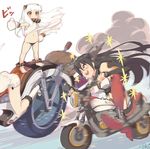  absurdres ahoge black_panties blush dress drooling ground_vehicle highres horns kantai_collection long_hair mittens motor_vehicle motorcycle multiple_girls nagato_(kantai_collection) northern_ocean_hime panties satou_daiji seaport_hime shinkaisei-kan smoke underwear white_dress white_hair 