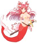  clam_shell copyright_request coral long_hair looking_at_viewer mermaid monster_girl mx2j_(nsh6394) navel pasties red_eyes red_hair sheath sheathed simple_background smile solo sword weapon white_background 