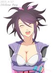  2015 bad_id bad_pixiv_id black_hair blush breasts brown_eyes character_name cleavage closed_eyes collarbone dated detached_sleeves facing_viewer fujibayashi_shiina gloves hair_ribbon japanese_clothes large_breasts long_hair obi open_mouth ponytail ribbon runta_(runta041) sash simple_background solo tales_of_(series) tales_of_symphonia white_background 