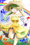  alternate_costume alternate_hairstyle bare_arms bare_shoulders blue_sky bow cloud collarbone day dress floral_print green_eyes green_hair hat hat_bow highres indo_(mdtanaka2007) komeiji_koishi one_eye_closed open_mouth ponytail rain running sky sleeveless sleeveless_dress smile solo straw_hat sundress third_eye touhou wide_sleeves yellow_eyes 