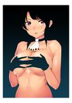  akagi_asahito black_gloves black_hair breasts choker covering covering_breasts gloves gradient gradient_background highres kantai_collection large_breasts neckerchief open_mouth red_eyes simple_background solo takao_(kantai_collection) topless 