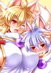  1girl ;d animal_ears blonde_hair blush breasts fang fangs fox_ears fox_tail heart highres izuna_(shinrabanshou) kittan_(cve27426) large_breasts long_hair looking_at_viewer mother_and_son one_eye_closed open_mouth red_eyes sai_(shinrabanshou) shinrabanshou slit_pupils smile tail white_hair 
