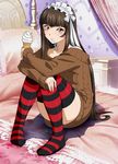  bed brown_eyes brown_hair food food_on_face full_body highres ice_cream ice_cream_on_face ikkitousen indoors long_hair looking_at_viewer maid_headdress pillow smile solo striped striped_legwear ten'i_(ikkitousen) thighhighs 