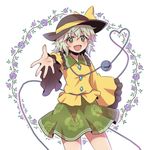  :d azuma_takeshi_(andon_kandelaar) blouse blush commentary cowboy_shot foreshortening frilled_shirt_collar frills green_eyes hat heart heart_of_string komeiji_koishi looking_at_viewer open_mouth outstretched_hand reaching_out silver_hair skirt smile solo touhou 