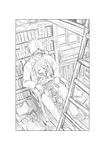  1girl absurdres admiral_(kantai_collection) book book_on_head bookshelf chair closed_eyes covered_face drooling greyscale highres kantai_collection ladder leaning_back leaning_on_person library monochrome object_on_head sazanami_(kantai_collection) school_uniform serafuku sitting sitting_on_lap sitting_on_person sleeping sleeping_upright soborou window 