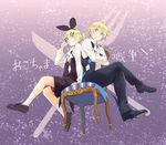  1girl blonde_hair blue_eyes brooch brother_and_sister chair crossed_arms finger_to_mouth fork habuki hair_ornament hair_ribbon hairclip jewelry kagamine_len kagamine_rin long_sleeves okochama_sensou_(vocaloid) ponytail ribbon short_hair shorts siblings twins vocaloid 
