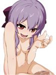  bow breasts brown_eyes censored cum cum_in_hands hair_bow highres hiiragi_shinoa long_hair looking_at_viewer mosaic_censoring nude open_mouth owari_no_seraph penis purple_hair small_breasts smile solo takeda_yukimura 