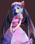  ascot bat_wings blue_hair bow brown_background fingernails frills harikona hat hat_bow highres long_fingernails looking_back mob_cap nail_polish puffy_sleeves red_eyes remilia_scarlet ribbon sash shirt short_hair short_sleeves simple_background skirt skirt_set smile solo touhou wings 