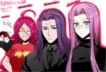  2boys 2girls ahoge assassin_(fate/zero) berserker_(fate/zero) breasts eyes_closed facial_scar fate/extra fate/grand_order fate/stay_night fate/zero fate_(series) formal francis_drake_(fate) grey_eyes long_hair multiple_boys multiple_girls necktie open_mouth pink_hair purple_eyes purple_hair rider scar suit sweater turtleneck ycco_(estrella) 