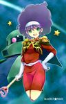  80s 90s blaster_mari blue_hair commentary_request green_eyes gundam kannagi_kaname mahou_no_shoui_blaster_mari mecha military military_uniform oldschool science_fiction smile solo star uniform zaku_i 