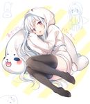  :3 animal_hood animal_pillow black_legwear blush blush_stickers hood hoodie kasako_(komeshiro_kasu) komeshiro_kasu long_hair long_sleeves looking_at_viewer open_mouth original petite red_eyes seal_hood seal_tail sleeves_past_wrists solo stuffed_seal thighhighs white_hair 